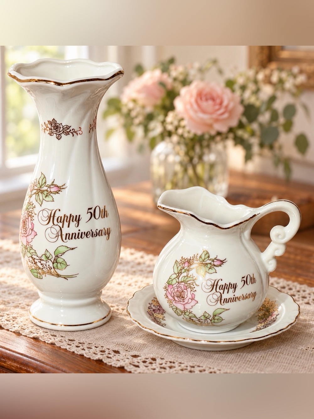 Vintage 1983 Enesco Happy 50th Anniversary Vase, Pitcher & Saucer –3 Pieces. G12